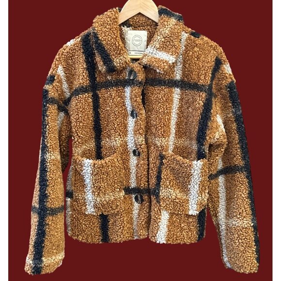Stoosh Plaid Sherpa Teddy Jacket Brown Black White Check Cozy Retro Y2K Style - Picture 1 of 5